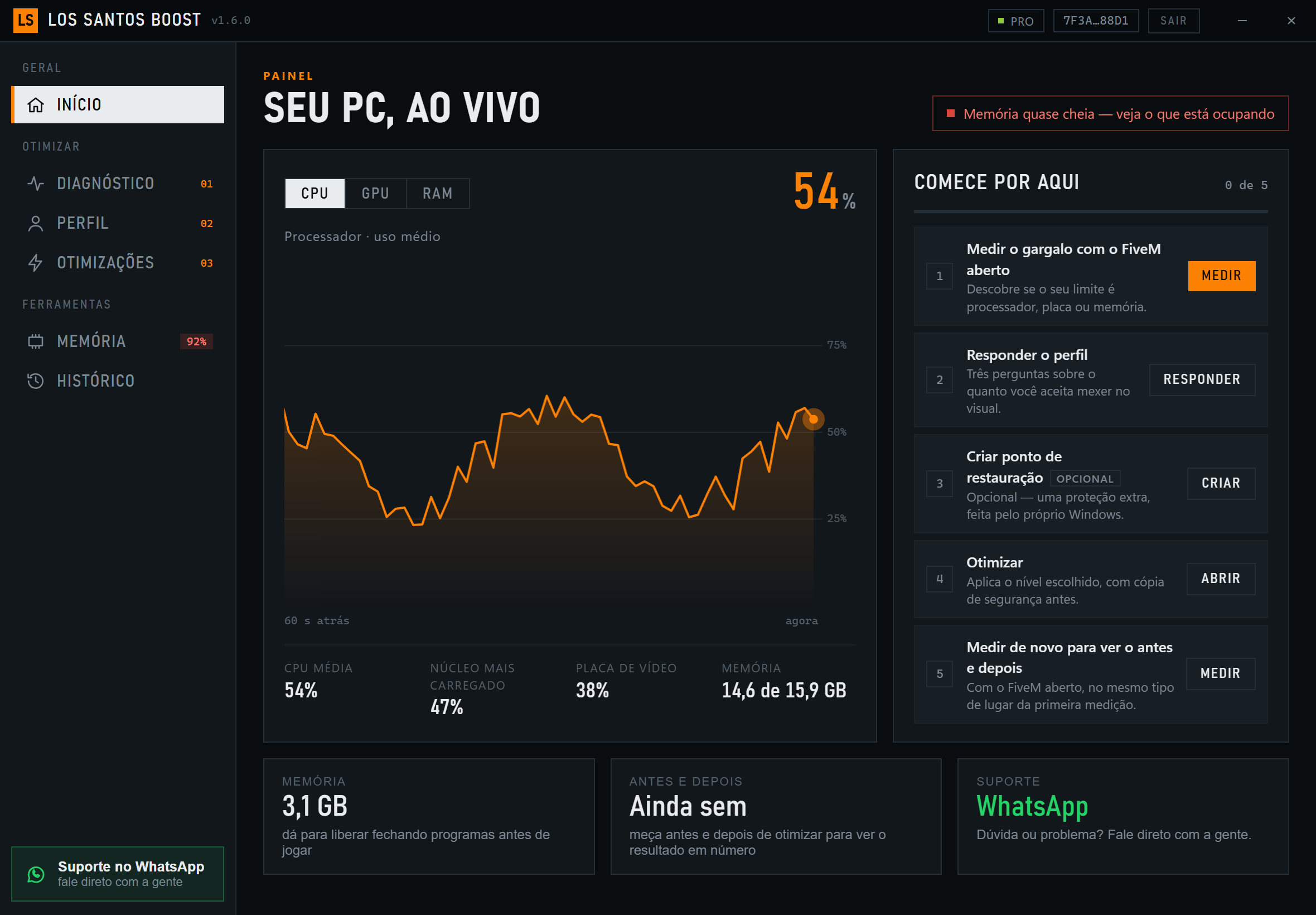 Tela inicial do Los Santos Boost: gráfico ao vivo de processador, placa de vídeo e memória, e a lista de passos para otimizar